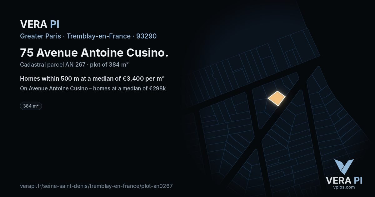 75 Avenue Antoine Cusino, Tremblay-en-France at night – the plot lit, the parcels around coloured by the prices near them