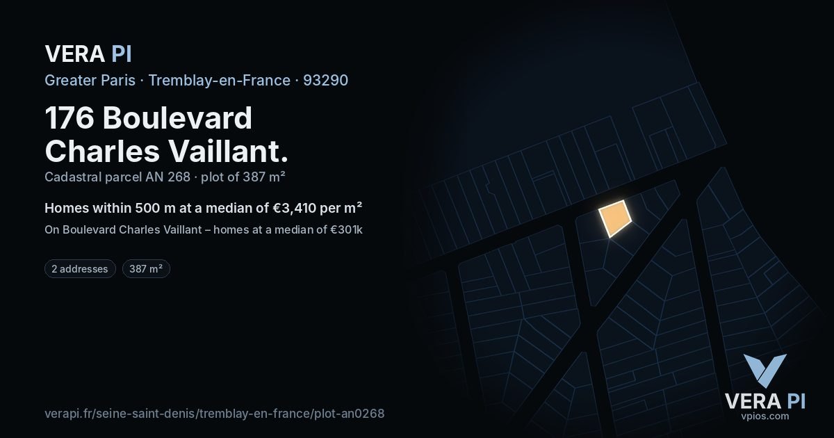 176 Boulevard Charles Vaillant, Tremblay-en-France at night – the plot lit, the parcels around coloured by the prices near them
