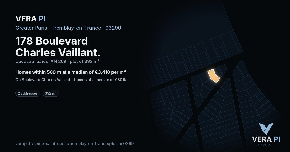 178 Boulevard Charles Vaillant, Tremblay-en-France at night – the plot lit, the parcels around coloured by the prices near them