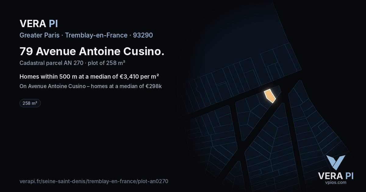 79 Avenue Antoine Cusino, Tremblay-en-France at night – the plot lit, the parcels around coloured by the prices near them