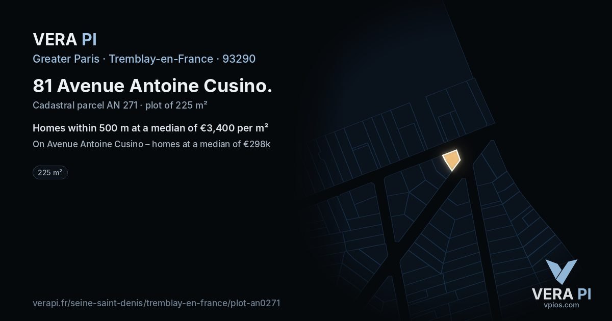 81 Avenue Antoine Cusino, Tremblay-en-France at night – the plot lit, the parcels around coloured by the prices near them