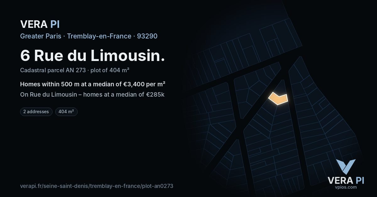 6 Rue du Limousin, Tremblay-en-France at night – the plot lit, the parcels around coloured by the prices near them