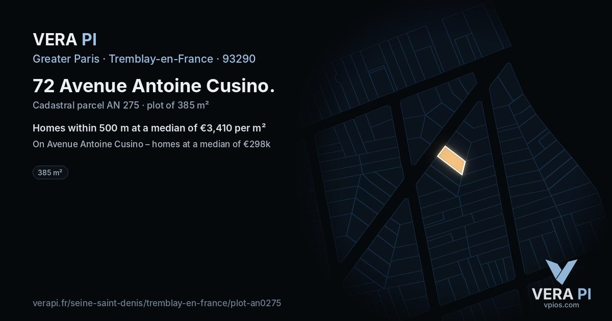 72 Avenue Antoine Cusino, Tremblay-en-France at night – the plot lit, the parcels around coloured by the prices near them
