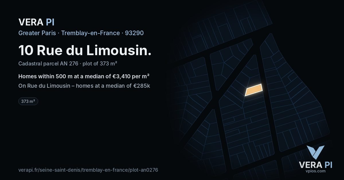 10 Rue du Limousin, Tremblay-en-France at night – the plot lit, the parcels around coloured by the prices near them