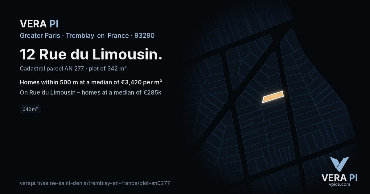 12 Rue du Limousin, Tremblay-en-France at night – the plot lit, the parcels around coloured by the prices near them