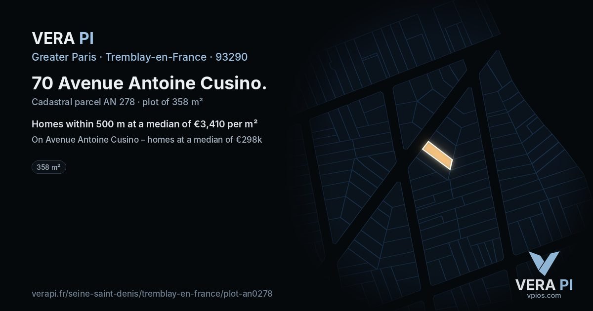 70 Avenue Antoine Cusino, Tremblay-en-France at night – the plot lit, the parcels around coloured by the prices near them