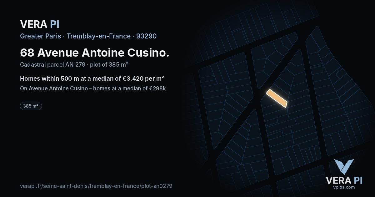 68 Avenue Antoine Cusino, Tremblay-en-France at night – the plot lit, the parcels around coloured by the prices near them