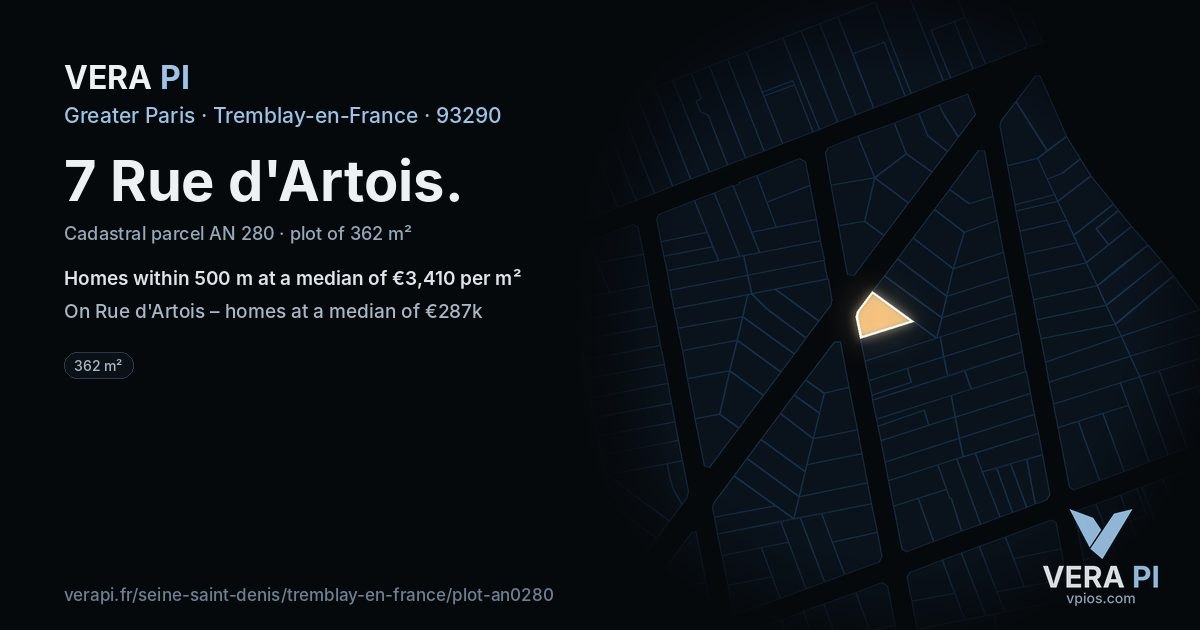 7 Rue d'Artois, Tremblay-en-France at night – the plot lit, the parcels around coloured by the prices near them