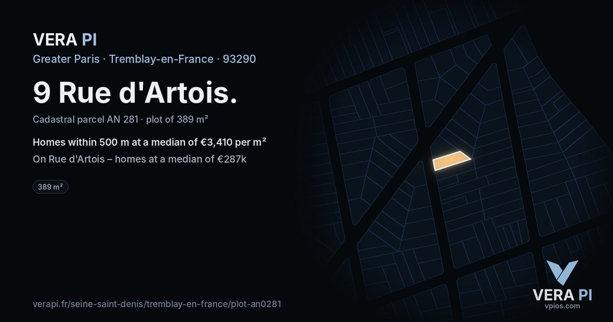 9 Rue d'Artois, Tremblay-en-France at night – the plot lit, the parcels around coloured by the prices near them