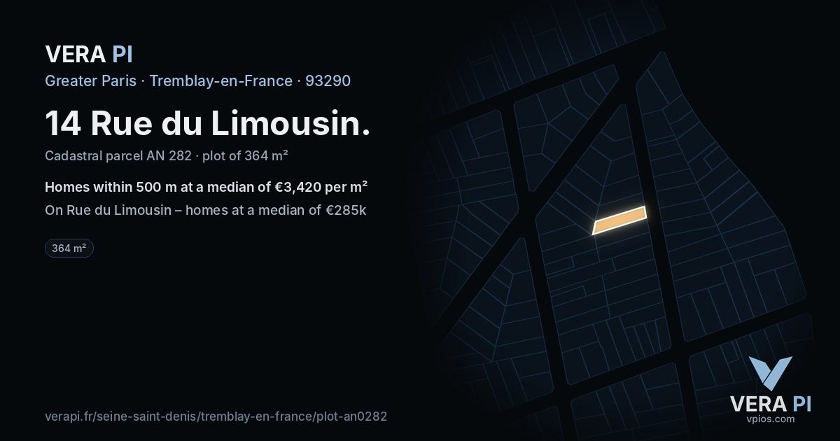 14 Rue du Limousin, Tremblay-en-France at night – the plot lit, the parcels around coloured by the prices near them
