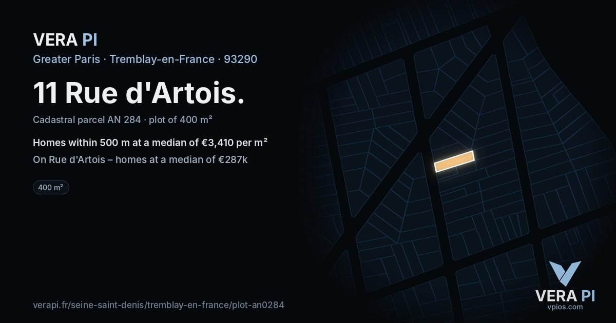 11 Rue d'Artois, Tremblay-en-France at night – the plot lit, the parcels around coloured by the prices near them