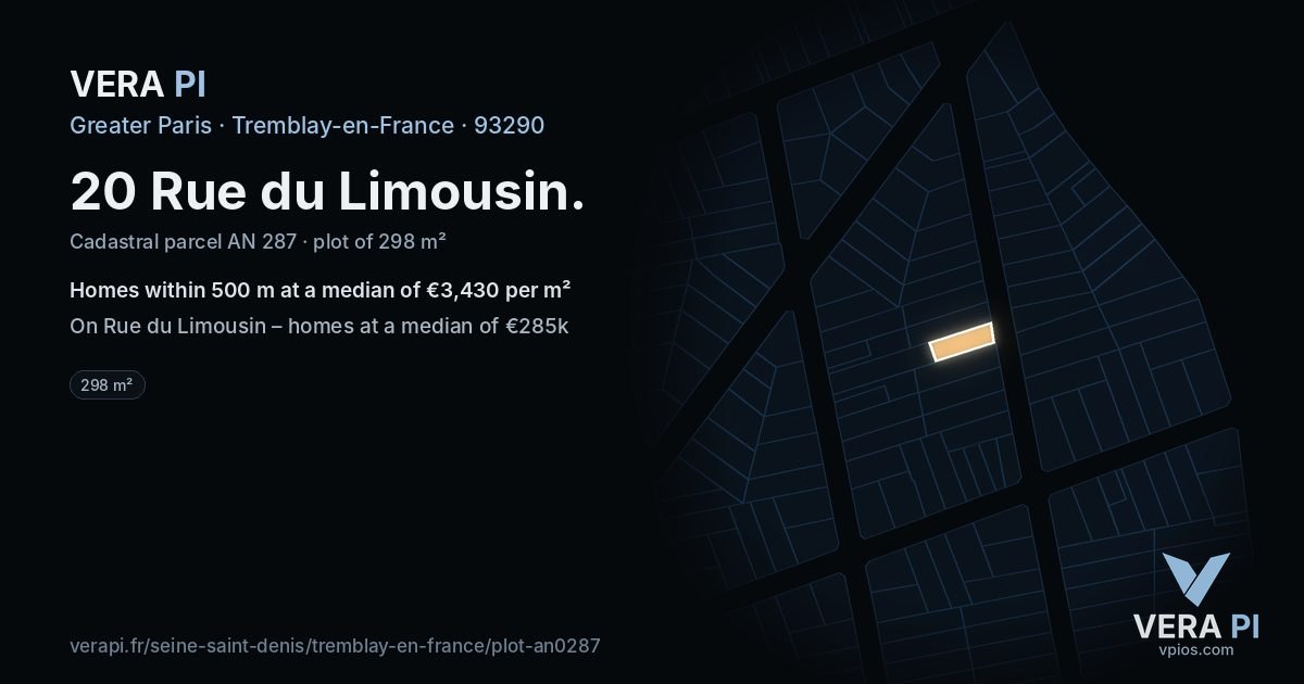 20 Rue du Limousin, Tremblay-en-France at night – the plot lit, the parcels around coloured by the prices near them