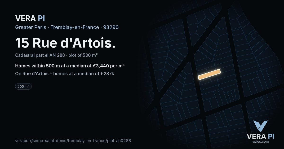 15 Rue d'Artois, Tremblay-en-France at night – the plot lit, the parcels around coloured by the prices near them