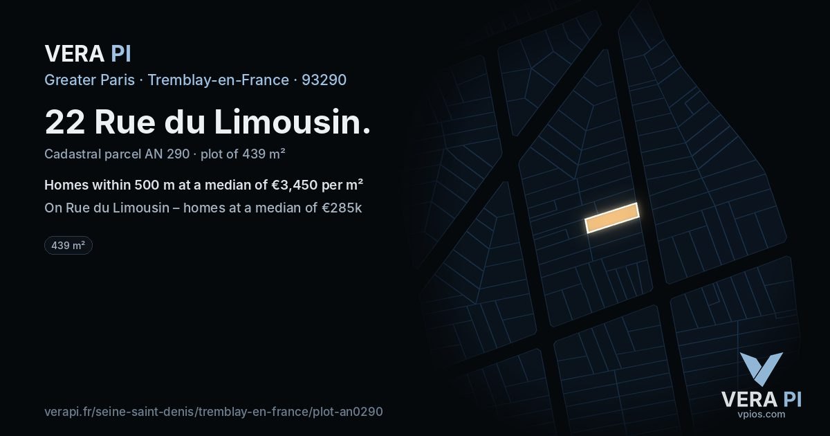 22 Rue du Limousin, Tremblay-en-France at night – the plot lit, the parcels around coloured by the prices near them