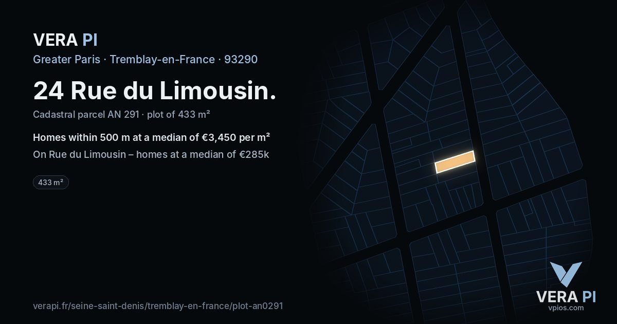 24 Rue du Limousin, Tremblay-en-France at night – the plot lit, the parcels around coloured by the prices near them