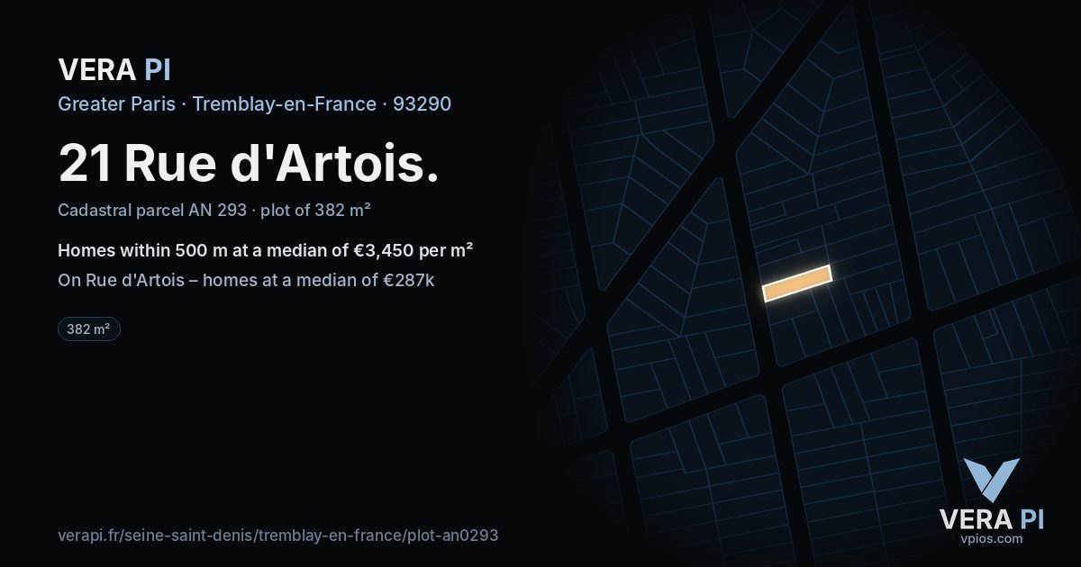 21 Rue d'Artois, Tremblay-en-France at night – the plot lit, the parcels around coloured by the prices near them