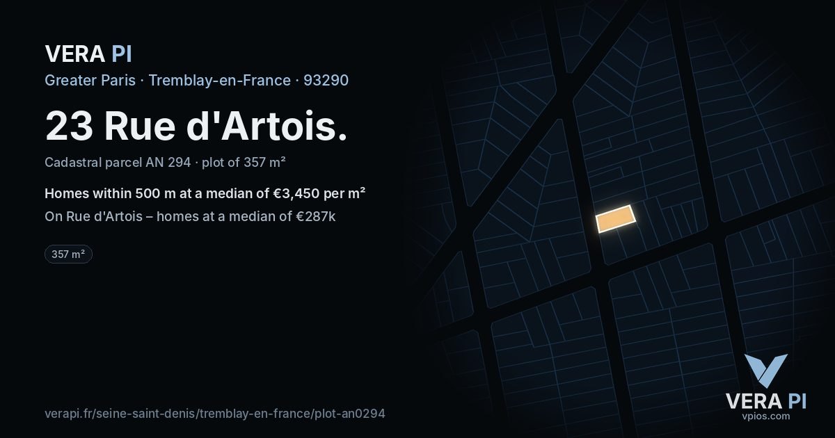 23 Rue d'Artois, Tremblay-en-France at night – the plot lit, the parcels around coloured by the prices near them