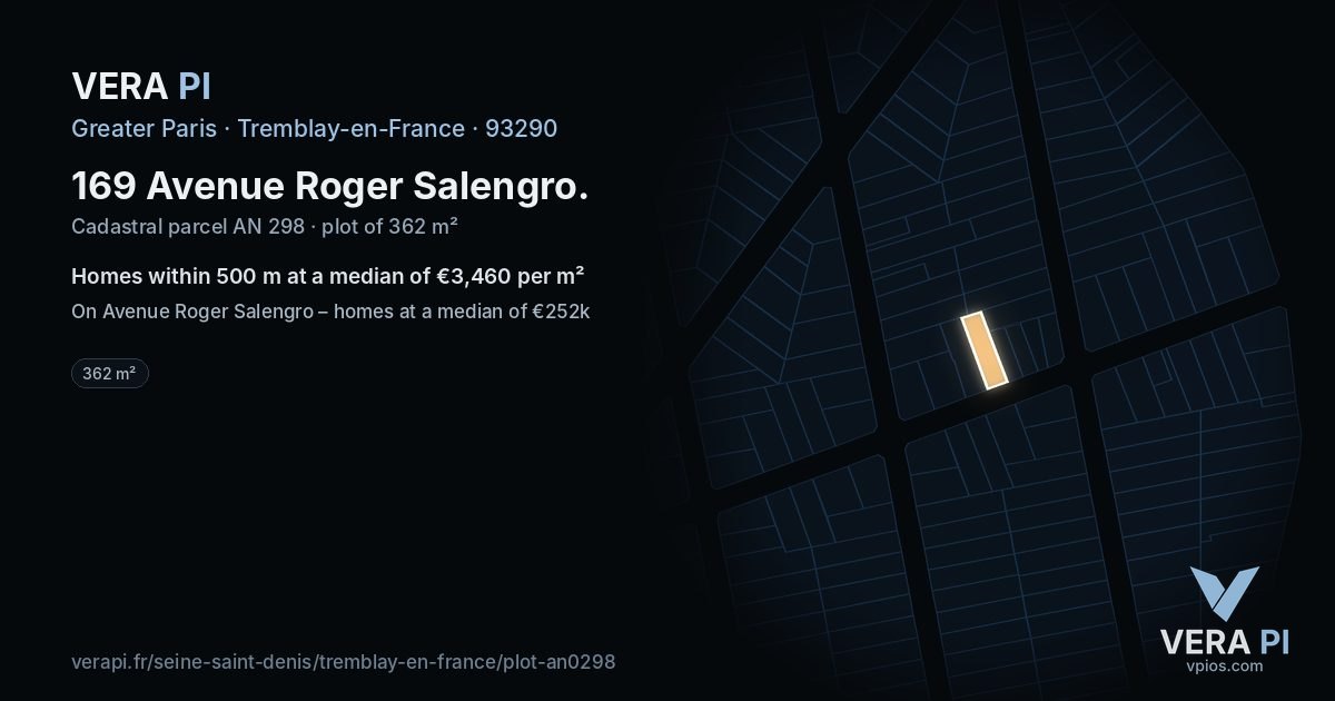 169 Avenue Roger Salengro, Tremblay-en-France at night – the plot lit, the parcels around coloured by the prices near them