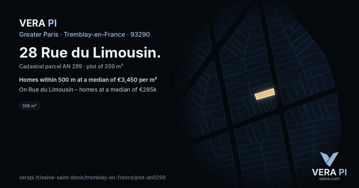 28 Rue du Limousin, Tremblay-en-France at night – the plot lit, the parcels around coloured by the prices near them