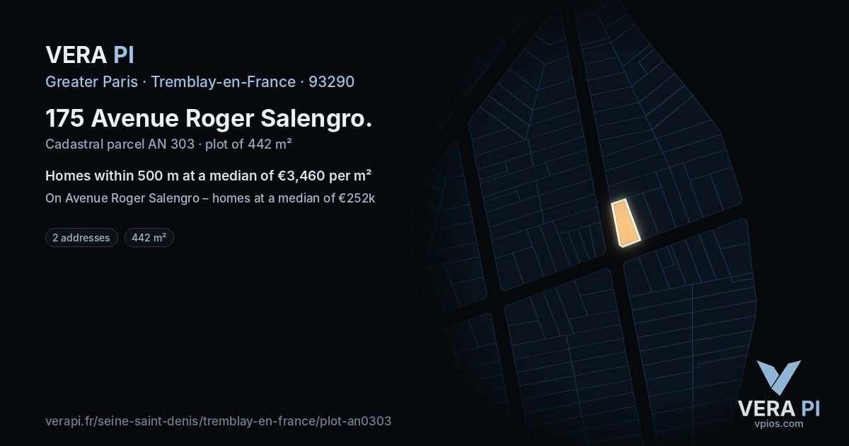 175 Avenue Roger Salengro, Tremblay-en-France at night – the plot lit, the parcels around coloured by the prices near them