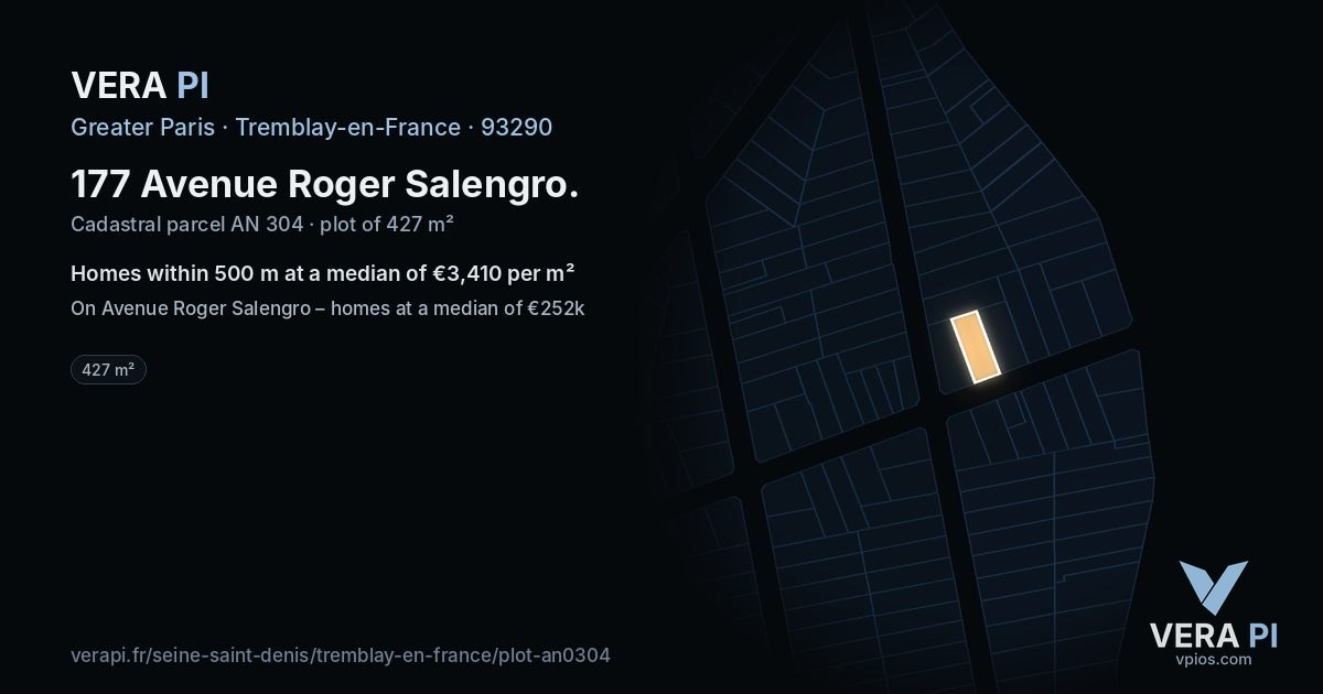 177 Avenue Roger Salengro, Tremblay-en-France at night – the plot lit, the parcels around coloured by the prices near them