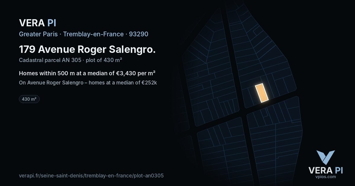 179 Avenue Roger Salengro, Tremblay-en-France at night – the plot lit, the parcels around coloured by the prices near them