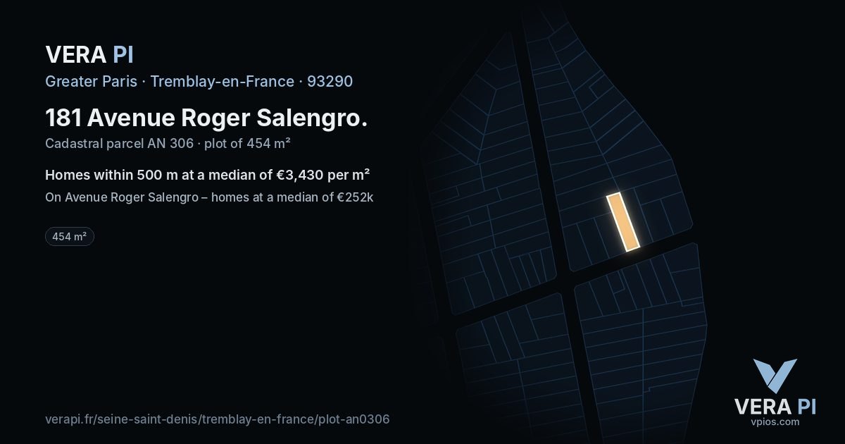 181 Avenue Roger Salengro, Tremblay-en-France at night – the plot lit, the parcels around coloured by the prices near them