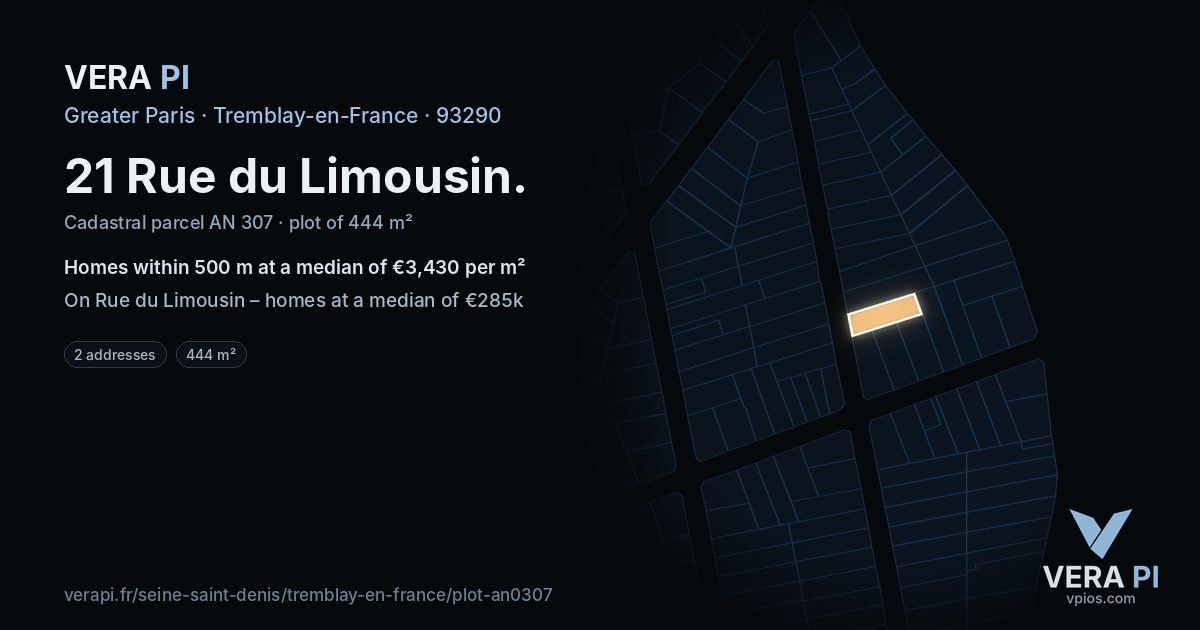 21 Rue du Limousin, Tremblay-en-France at night – the plot lit, the parcels around coloured by the prices near them