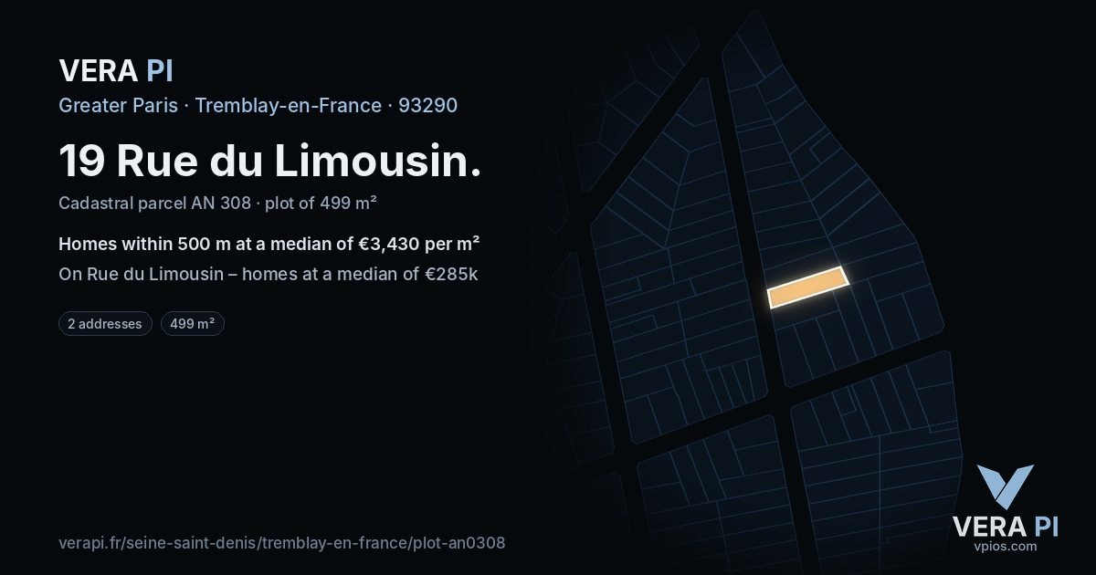 19 Rue du Limousin, Tremblay-en-France at night – the plot lit, the parcels around coloured by the prices near them