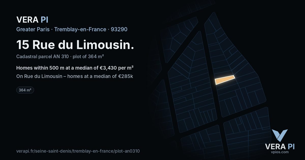 15 Rue du Limousin, Tremblay-en-France at night – the plot lit, the parcels around coloured by the prices near them