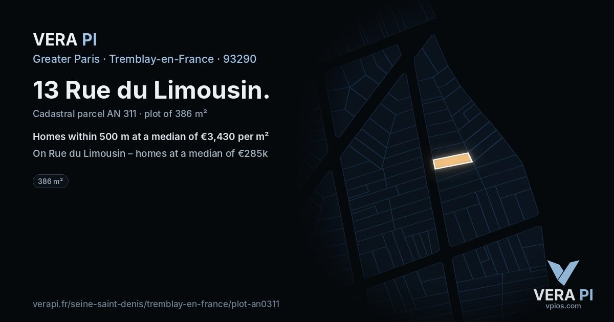 13 Rue du Limousin, Tremblay-en-France at night – the plot lit, the parcels around coloured by the prices near them
