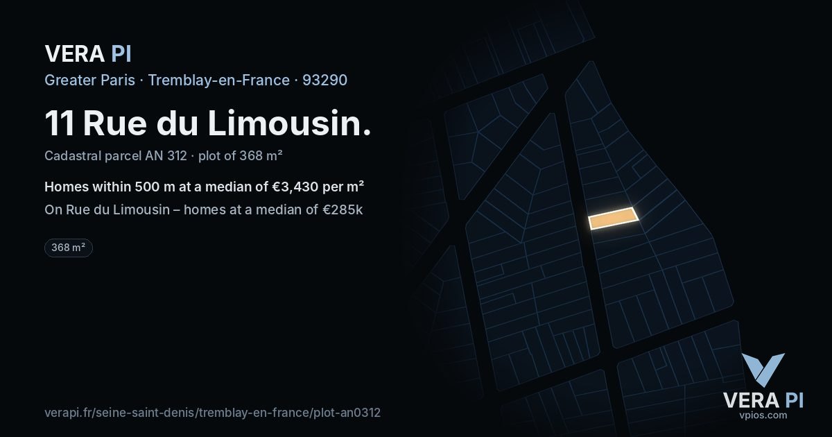 11 Rue du Limousin, Tremblay-en-France at night – the plot lit, the parcels around coloured by the prices near them