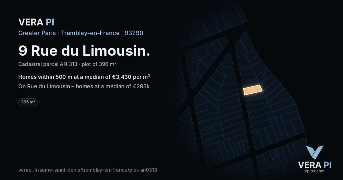 9 Rue du Limousin, Tremblay-en-France at night – the plot lit, the parcels around coloured by the prices near them