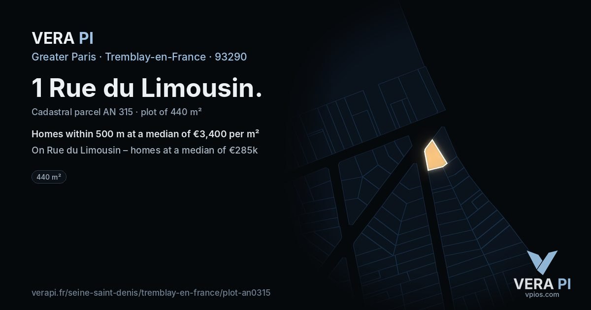 1 Rue du Limousin, Tremblay-en-France at night – the plot lit, the parcels around coloured by the prices near them