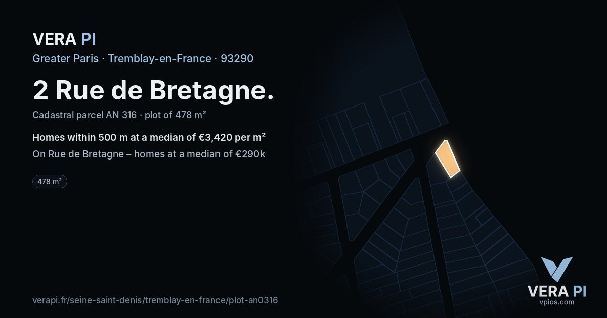 2 Rue de Bretagne, Tremblay-en-France at night – the plot lit, the parcels around coloured by the prices near them