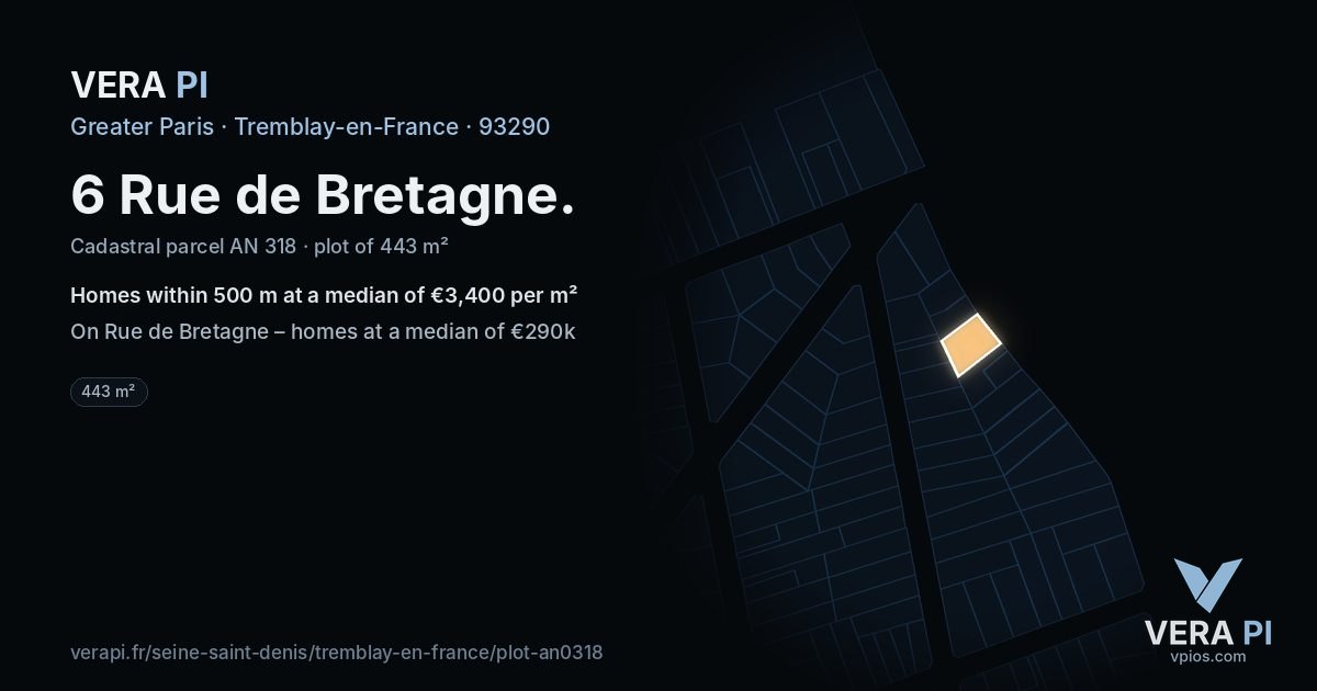 6 Rue de Bretagne, Tremblay-en-France at night – the plot lit, the parcels around coloured by the prices near them