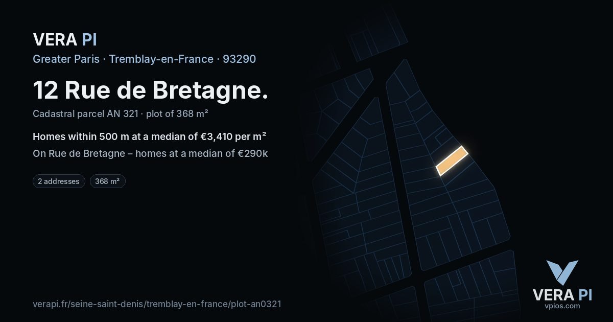12 Rue de Bretagne, Tremblay-en-France at night – the plot lit, the parcels around coloured by the prices near them