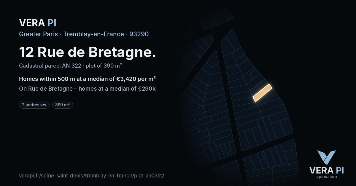12 Rue de Bretagne, Tremblay-en-France at night – the plot lit, the parcels around coloured by the prices near them