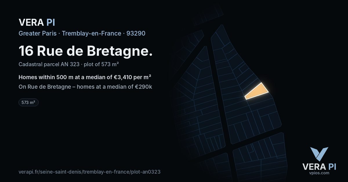 16 Rue de Bretagne, Tremblay-en-France at night – the plot lit, the parcels around coloured by the prices near them