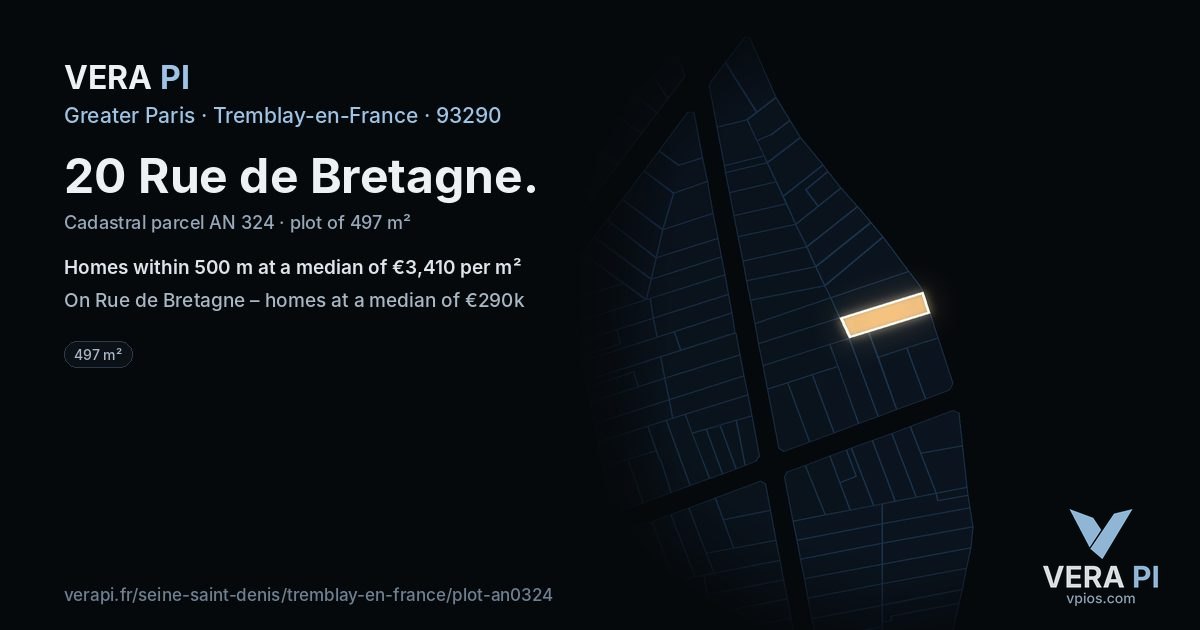 20 Rue de Bretagne, Tremblay-en-France at night – the plot lit, the parcels around coloured by the prices near them