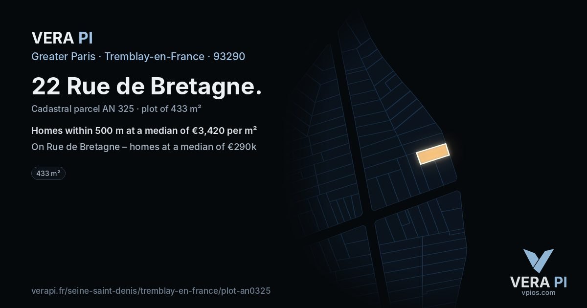 22 Rue de Bretagne, Tremblay-en-France at night – the plot lit, the parcels around coloured by the prices near them