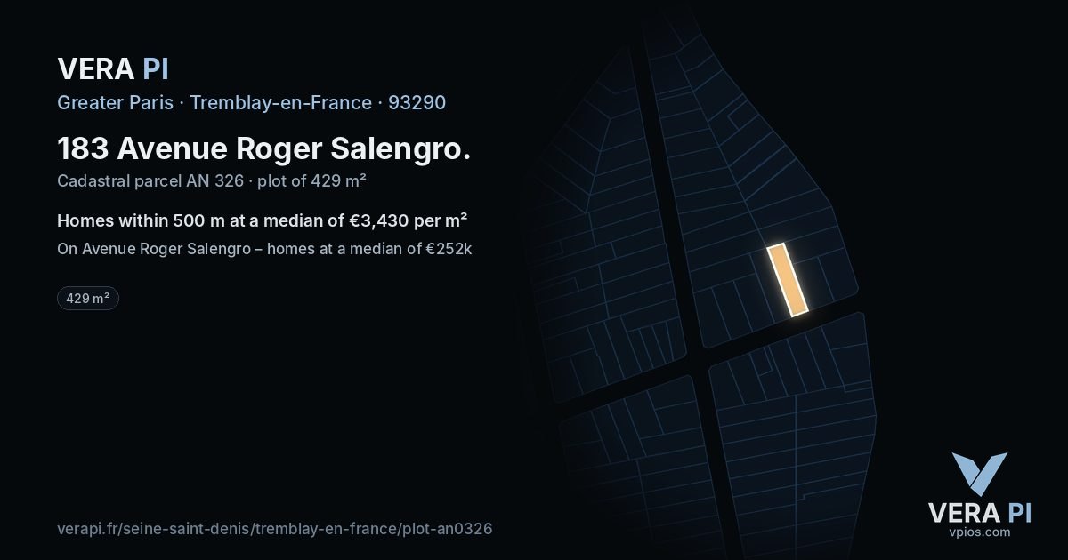 183 Avenue Roger Salengro, Tremblay-en-France at night – the plot lit, the parcels around coloured by the prices near them