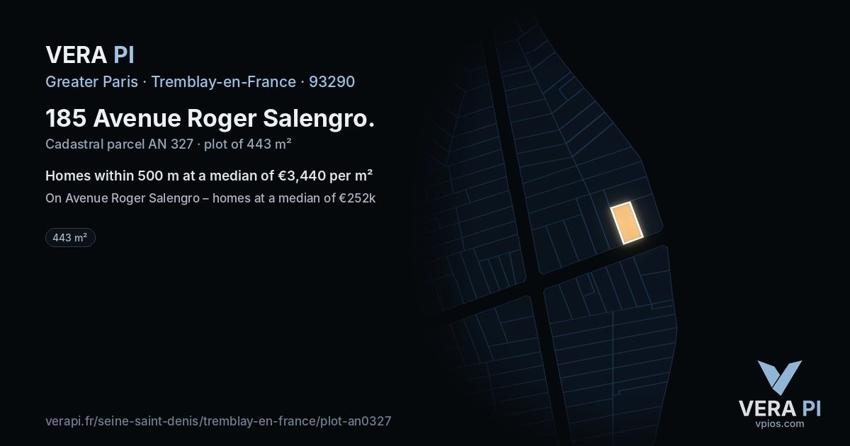 185 Avenue Roger Salengro, Tremblay-en-France at night – the plot lit, the parcels around coloured by the prices near them