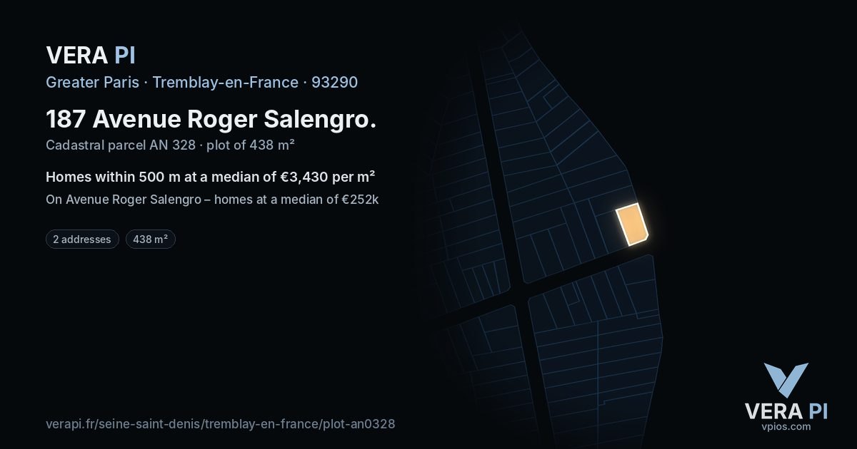 187 Avenue Roger Salengro, Tremblay-en-France at night – the plot lit, the parcels around coloured by the prices near them