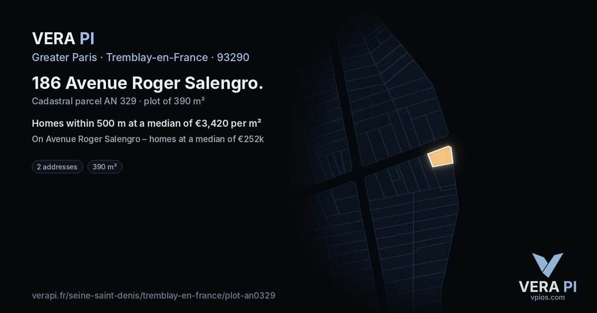 186 Avenue Roger Salengro, Tremblay-en-France at night – the plot lit, the parcels around coloured by the prices near them
