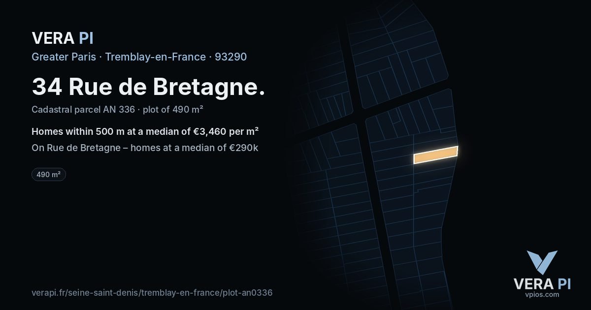 34 Rue de Bretagne, Tremblay-en-France at night – the plot lit, the parcels around coloured by the prices near them