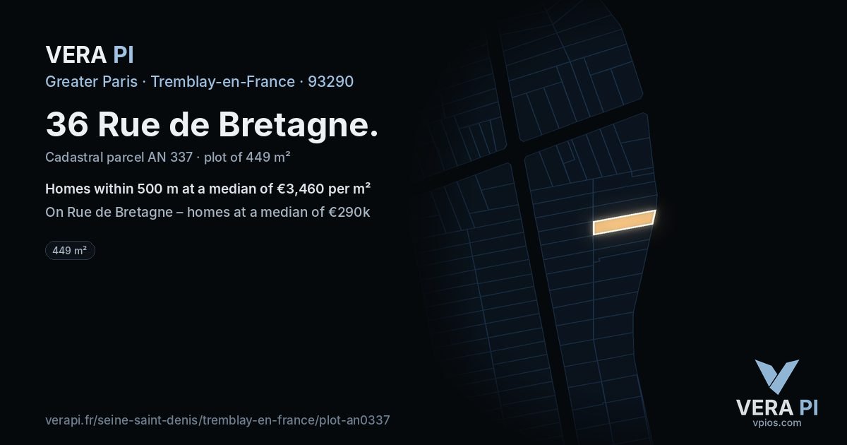 36 Rue de Bretagne, Tremblay-en-France at night – the plot lit, the parcels around coloured by the prices near them