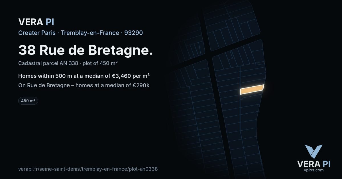 38 Rue de Bretagne, Tremblay-en-France at night – the plot lit, the parcels around coloured by the prices near them