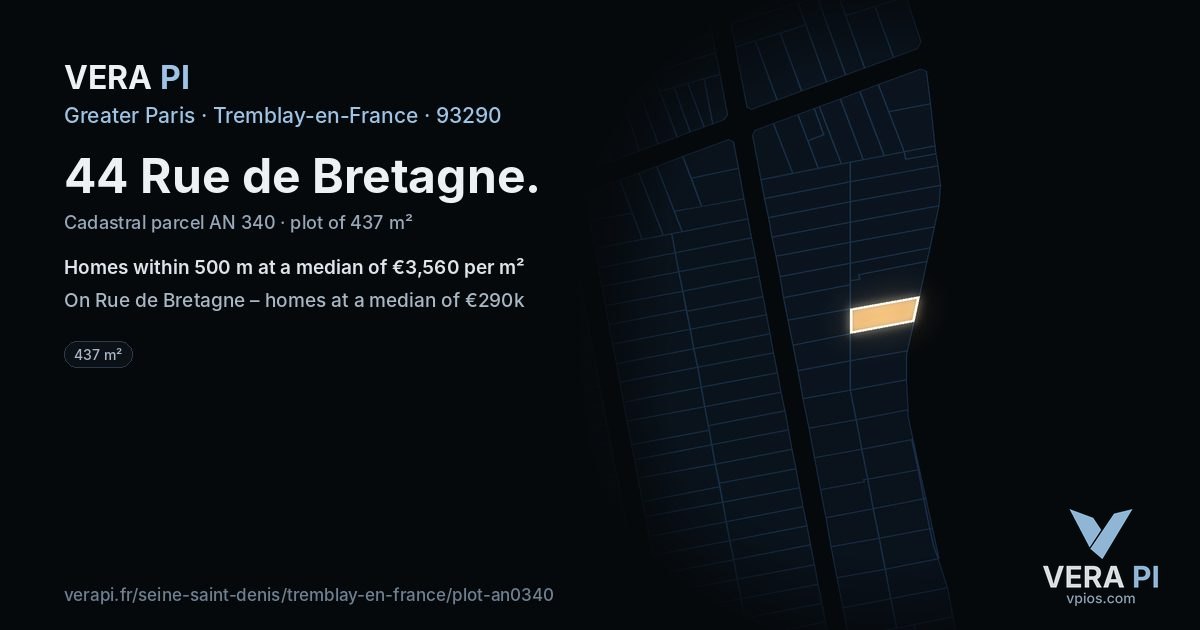 44 Rue de Bretagne, Tremblay-en-France at night – the plot lit, the parcels around coloured by the prices near them