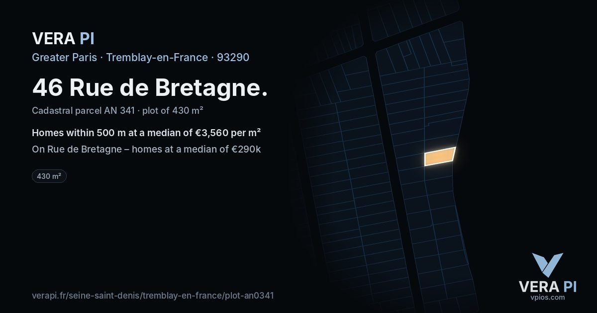 46 Rue de Bretagne, Tremblay-en-France at night – the plot lit, the parcels around coloured by the prices near them